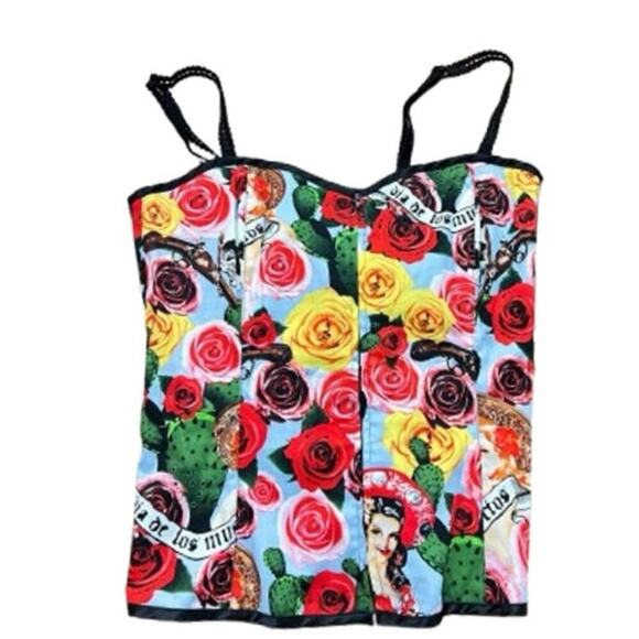 Hell Bunny Tops - Hell Bunny Women's Multicolor Rose Floral Print Gothic Corset Top Size Medium